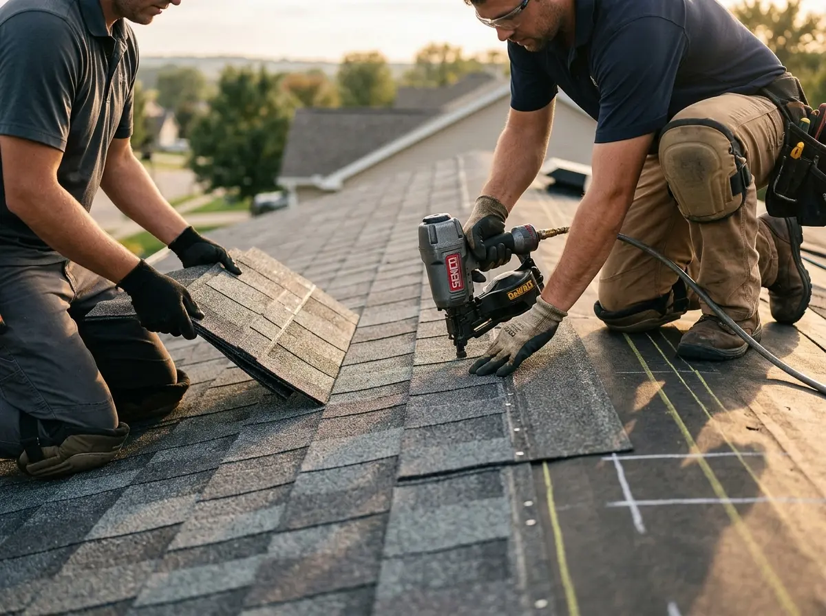 Professional roofer working on a residential roof in Cheyenne